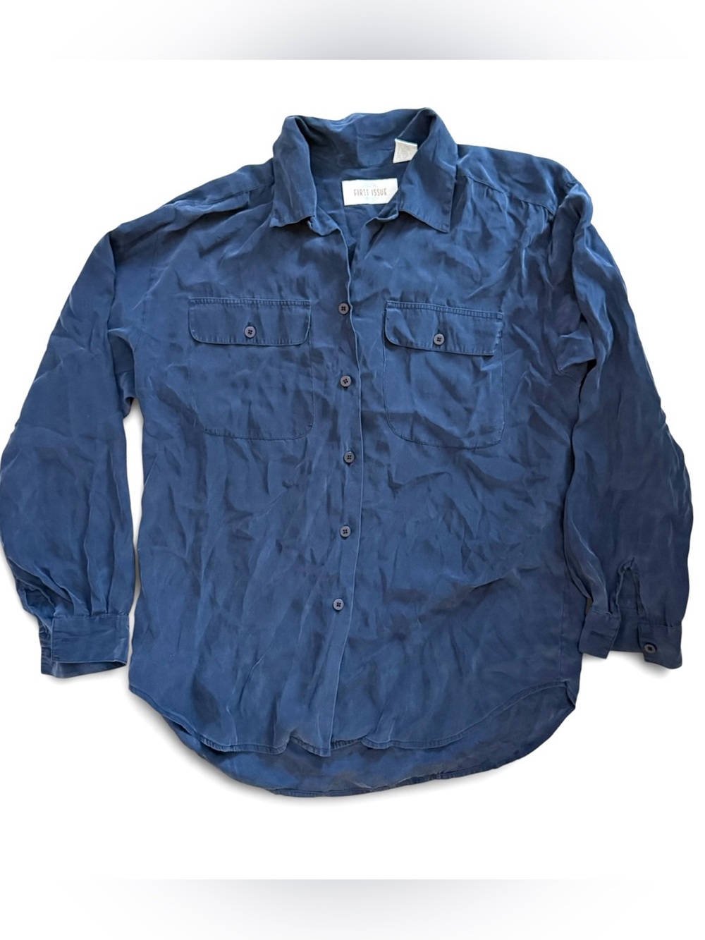 First Issue 100% Silk Button Up Shirt Women’s Medium Navy Long Sleeve Pockets